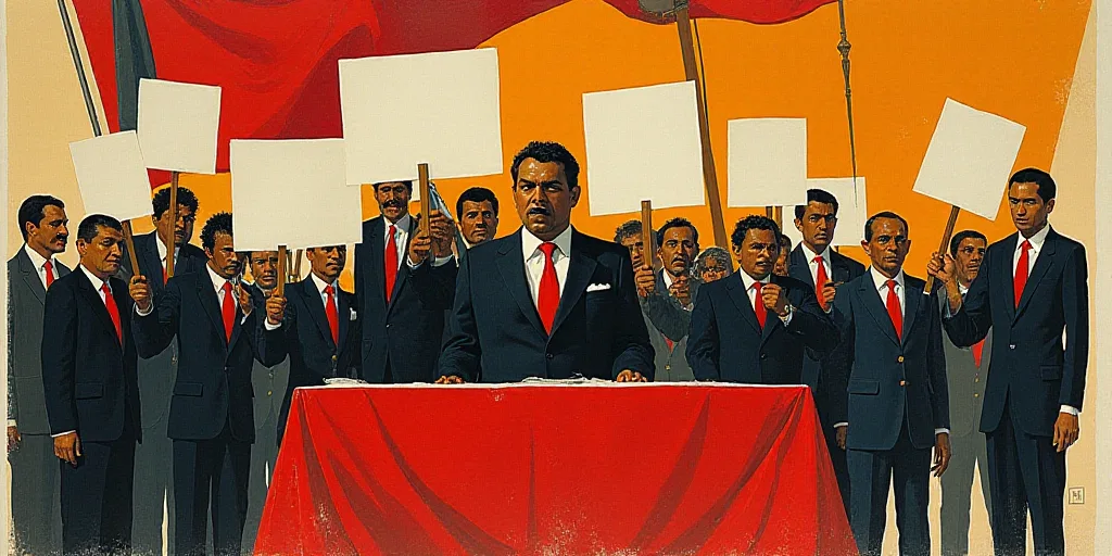 a group of people holding up signs in front of a table with flags behind them and a man in a suit, D
