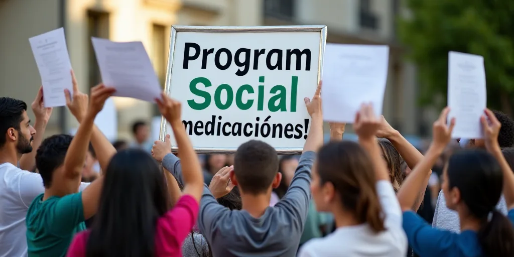 a group of people holding up some papers in front of a sign that reads program social medicaciones,