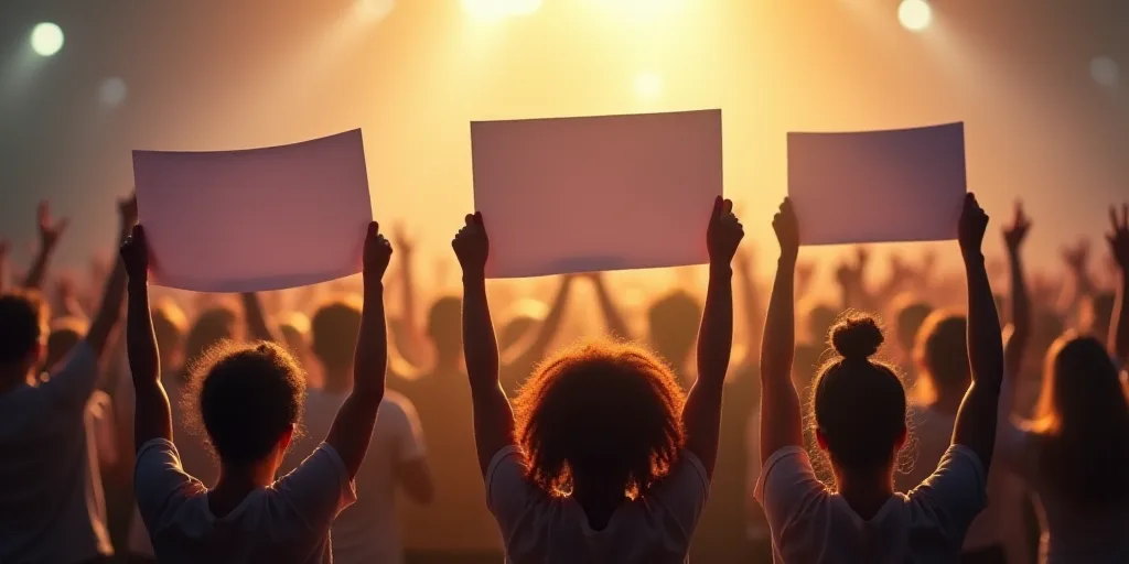 a group of people holding up some papers in front of a crowd of people with their hands up in the ai