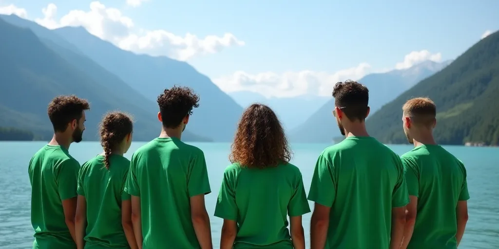 a group of people in green shirts standing next to a lake with mountains in the background and a blu