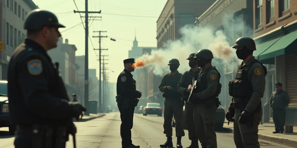 a group of people in military gear standing on a street corner with smoke coming out of their mouths