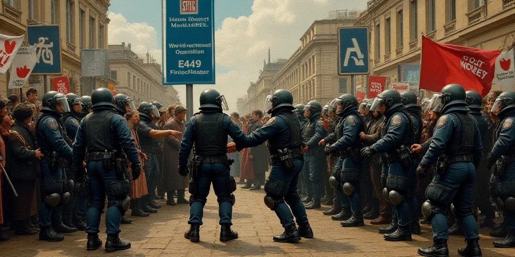 a group of people in riot gear are being held back by police officers in front of a blue sign, De Hi