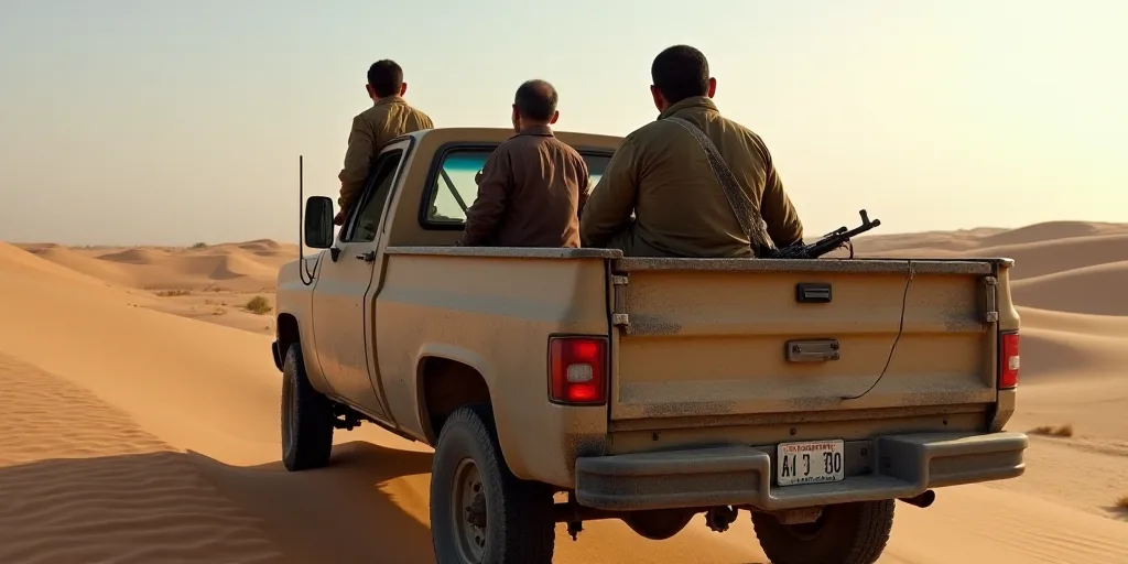 a group of people in the back of a truck with guns in the bed of it, in the desert, Abdullah Gërgur