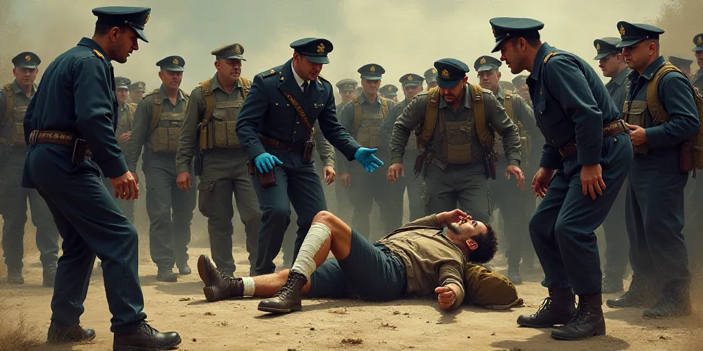 a group of people in uniform are surrounding a man on the ground with a bandage on his leg and a man