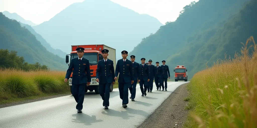 a group of people in uniforms walking down a street with a truck behind them and a mountain in the b