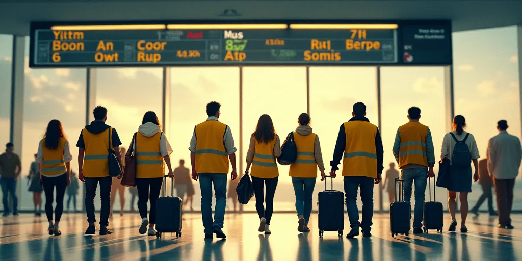 a group of people in yellow vests walking through an airport terminal area with a sign in the backgr