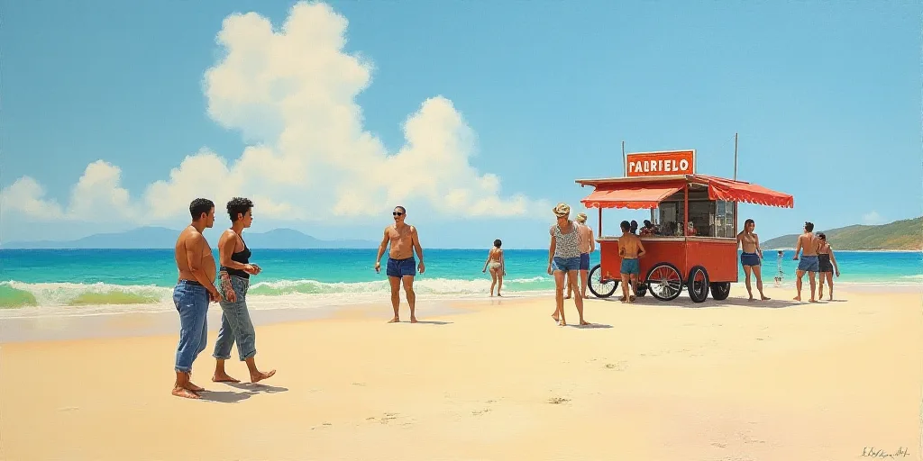 a group of people on a beach with a food cart in the background and a few people on the sand, Estuar
