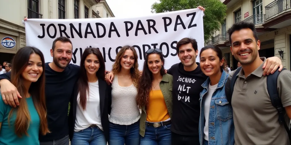 a group of people posing for a picture together with a banner in the background that says, jornada p