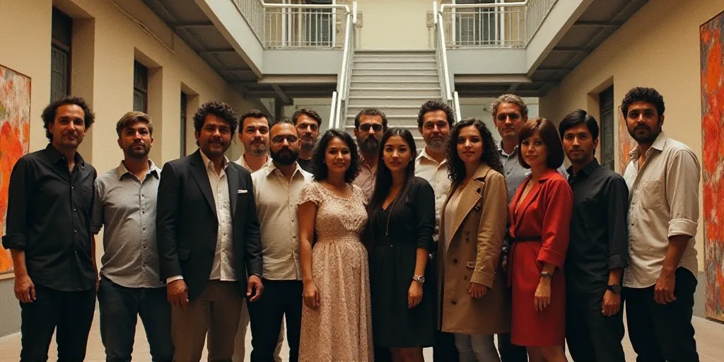 a group of people posing for a picture together in a building with windows and a staircase in the ba