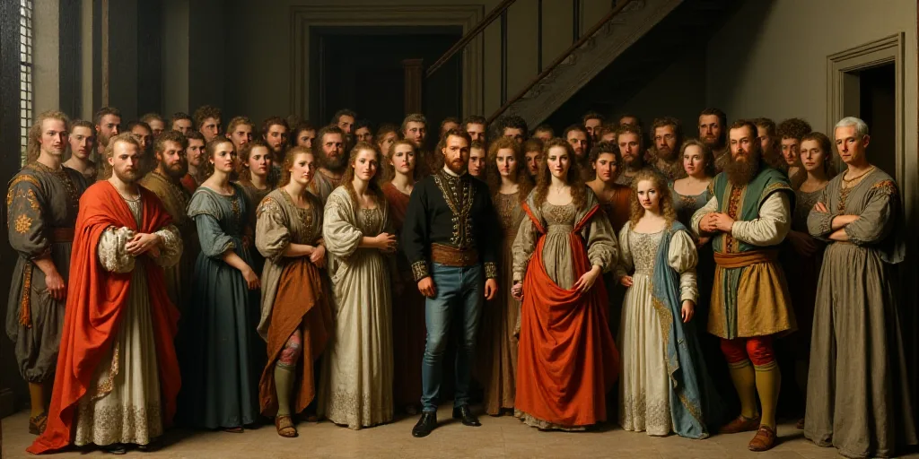 a group of people posing for a picture together in a room with a staircase and a staircase case in t