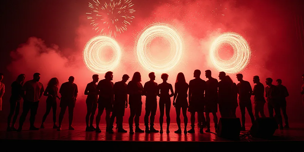 a group of people posing for a picture on a stage with a backdrop of fireworks and circles in the ba