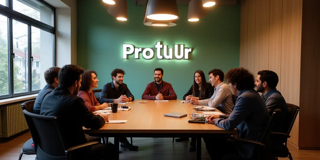 a group of people sitting around a table in a room with a sign on the wall behind them that says pro