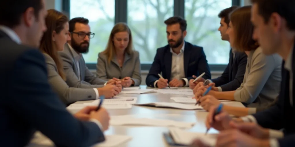 a group of people sitting around a table with papers and pen in their hands and papers in their hand