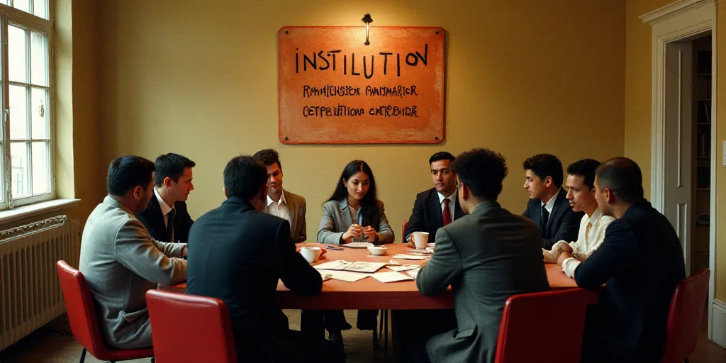 a group of people sitting around a table with a sign on it that says institution national electrical