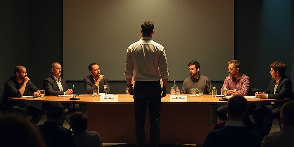 a group of people sitting around a table with a microphone in front of them and a man standing at th