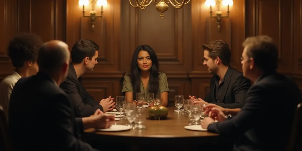 a group of people sitting around a table talking to each other in a room with wooden paneling and ch
