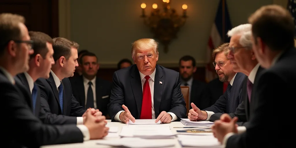 a group of people sitting around a table with papers and papers on it, with president trump in the b