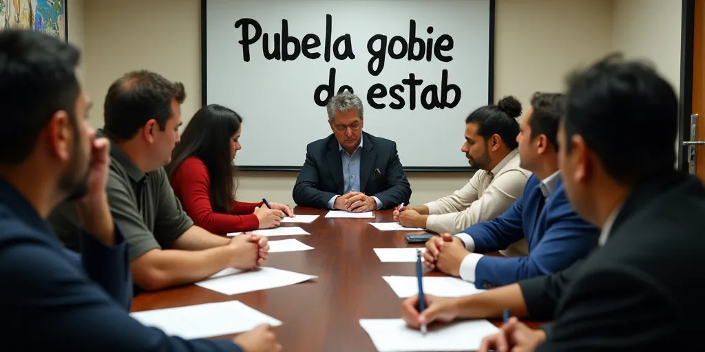 a group of people sitting around a table with papers and pens on it in front of a banner with the wo