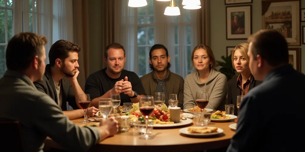 a group of people sitting around a table with food and drinks on it in a room with pictures on the w
