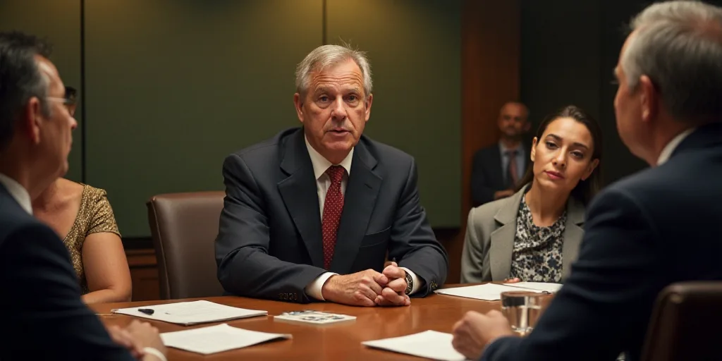 a group of people sitting around a table with a man speaking to them in front of them and a woman st