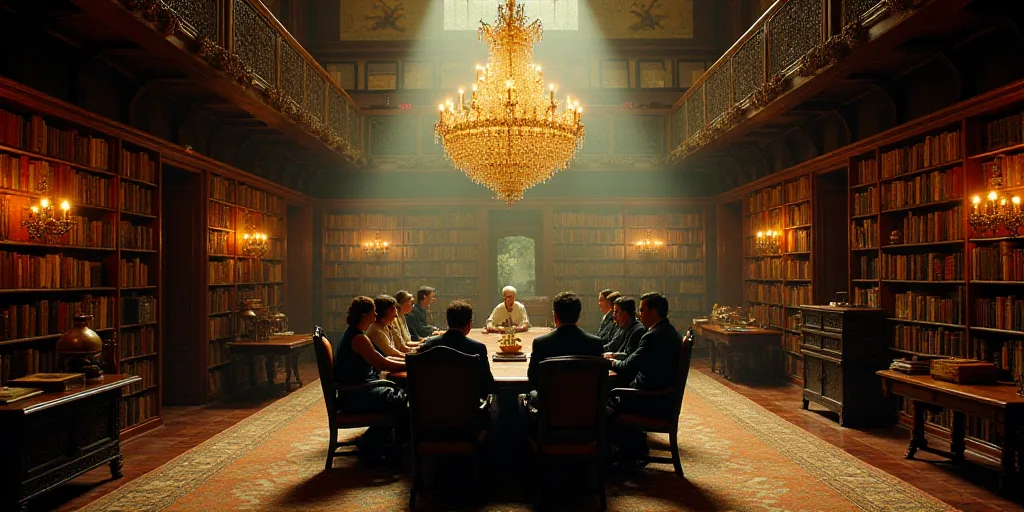 a group of people sitting around a table in a library with bookshelves and a chandelier, David Alfar