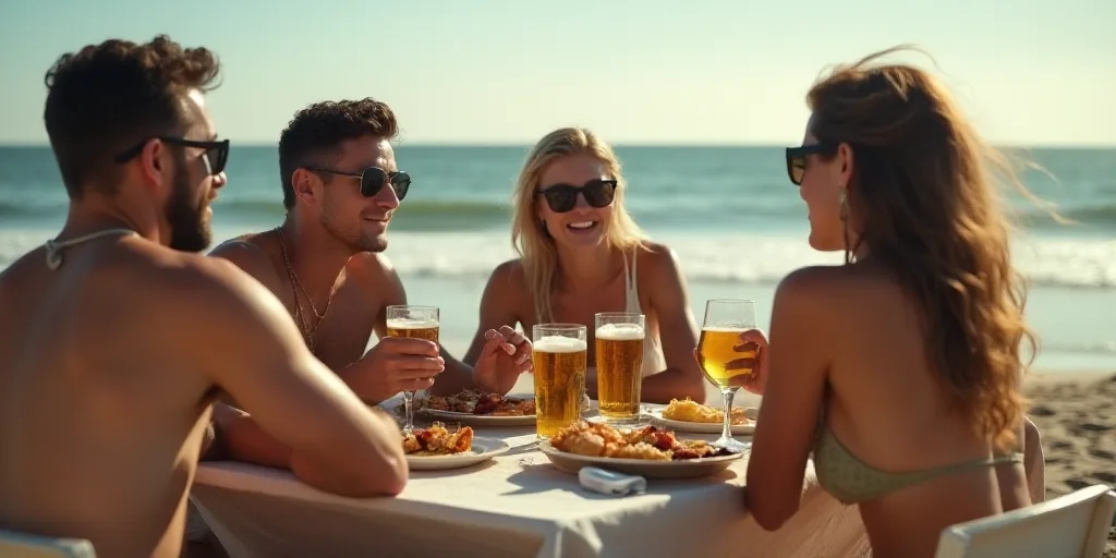 a group of people sitting around a table eating food and drinking beer and talking to each other on