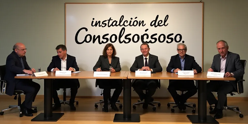 a group of people sitting at a table with a sign behind them that says instalcion del consolsososo,