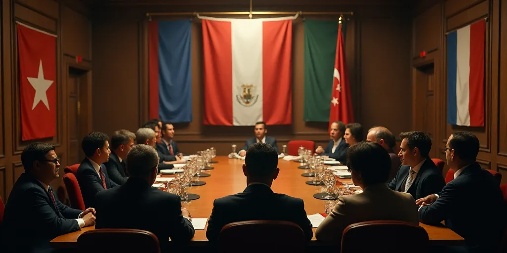 a group of people sitting at a table in a room with flags on the walls and a flag hanging from the c