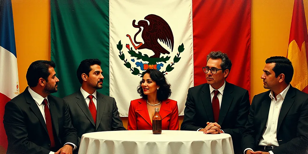 a group of people sitting at a table with flags behind them and a mexican flag behind them with a wo