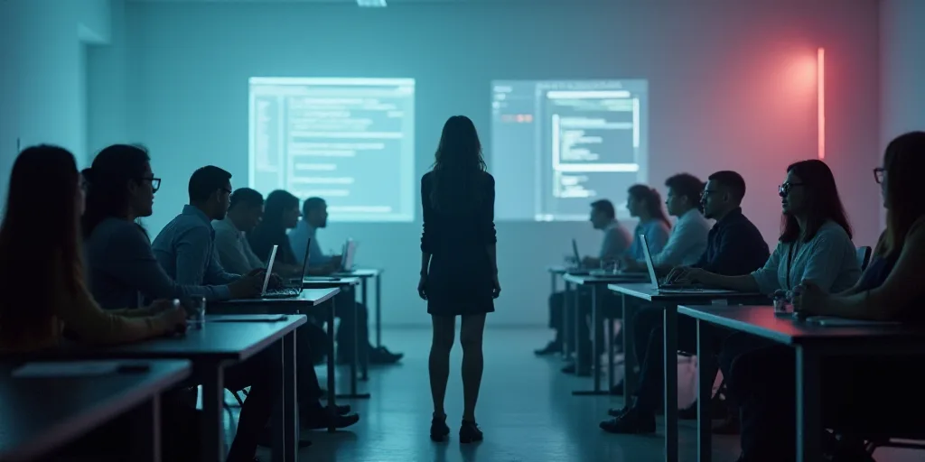 a group of people sitting at a desk with computers in front of them and a woman standing at the fron
