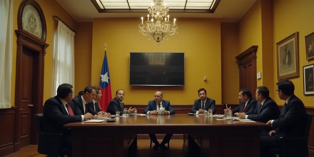 a group of people sitting at a table in a room with a flag on the wall behind them and a tv on the w