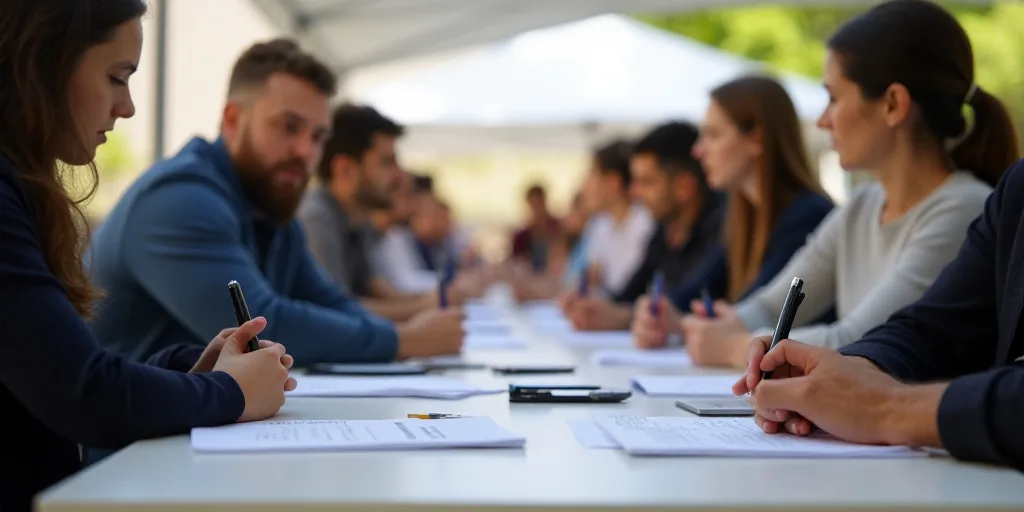 a group of people sitting at a table with papers and pens on it, with a tent in the background, Cefe