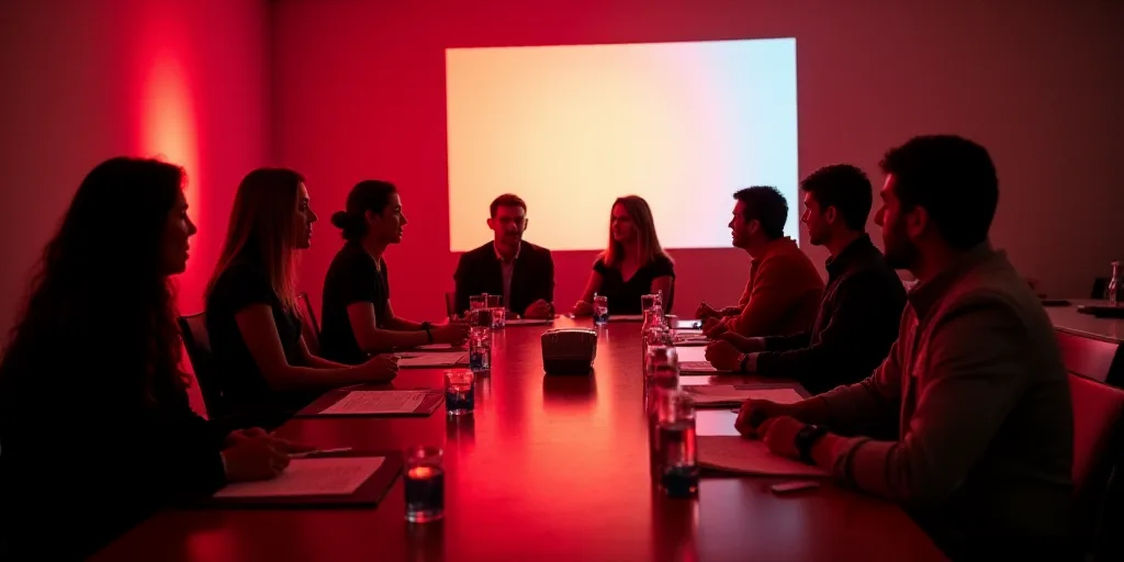 a group of people sitting at a table with papers in front of them and a projector screen behind them