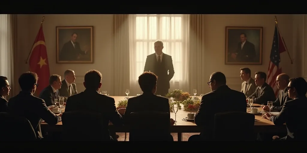 a group of people sitting at a table in a room with flags on the walls and a man standing at the fro