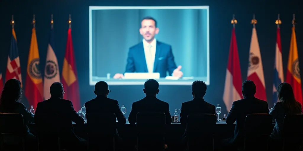 a group of people sitting at a table with flags behind them and a screen in the background with a ma