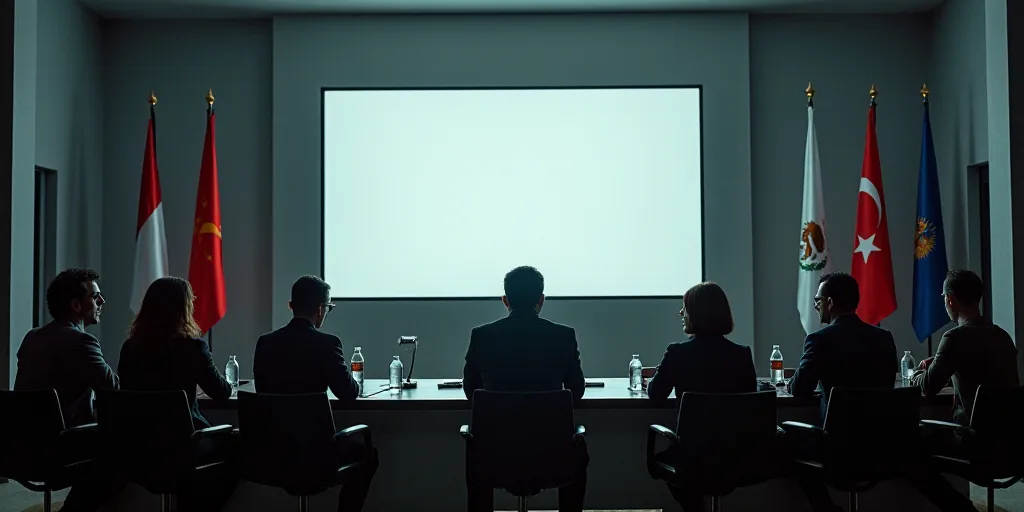 a group of people sitting at a table with flags behind them and a screen behind them with a large sc