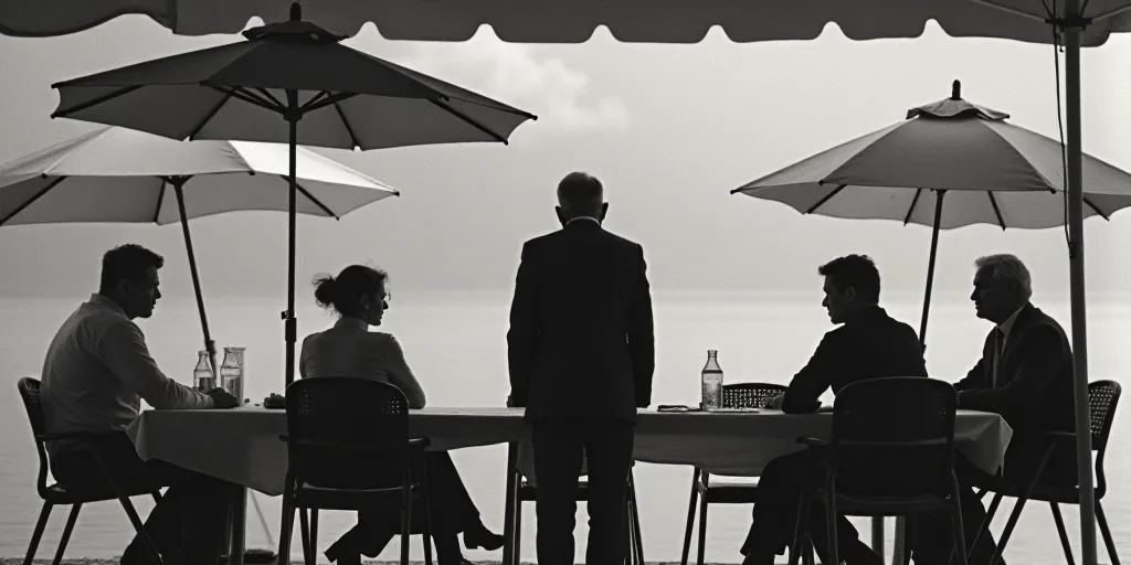 a group of people sitting at a table under a tent with umbrellas over them and a man standing in fro
