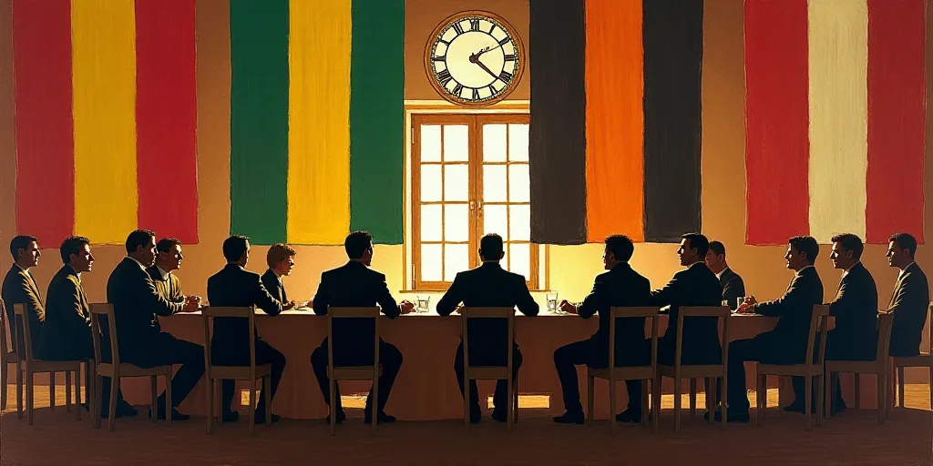 a group of people sitting at a table in front of flags and a window with a clock on it, David Alfaro