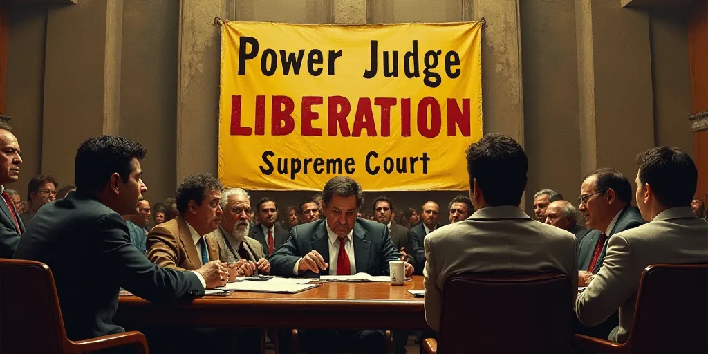 a group of people sitting at a table in front of a sign that says power judge liberation supreme cou