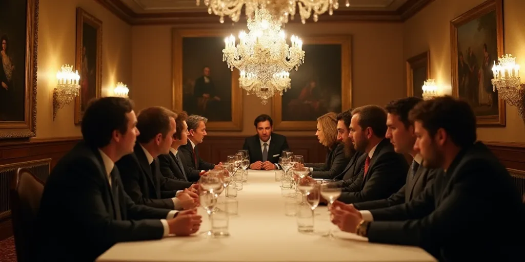 a group of people sitting at a long table in a room with chandeliers and paintings on the walls, Eng