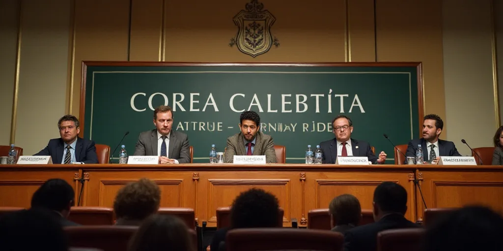 a group of people sitting at a table with a microphone in front of them and a banner behind them, Ca