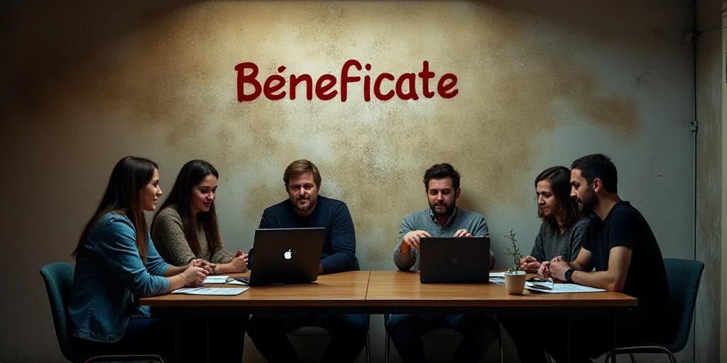 a group of people sitting at a table with laptops in front of a wall with a sign that says beneficat