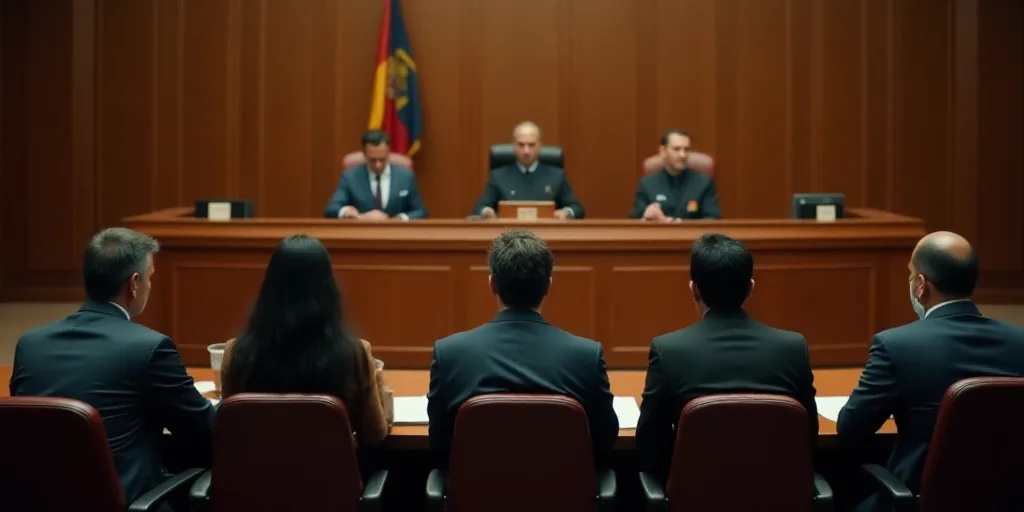 a group of people sitting at a table in a courtroom with a judge and a judge in the background, Fede