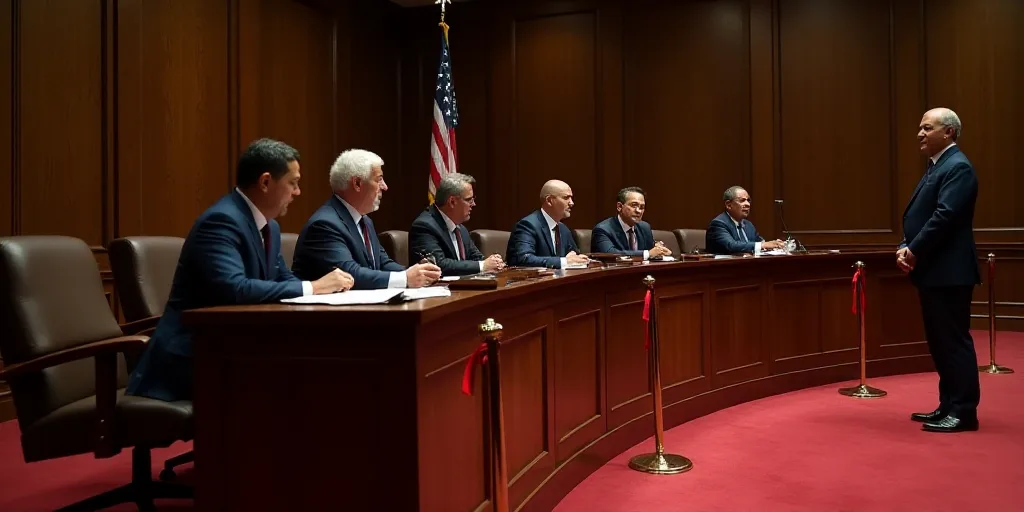 a group of people sitting at a table in a courtroom with red carpet and a red rope around the table,