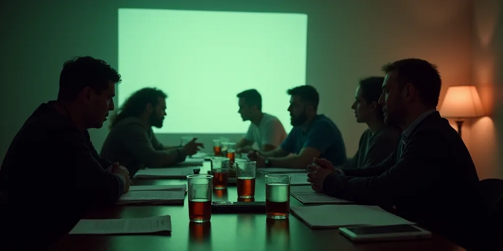 a group of people sitting at a table with papers and drinks in front of them and a projector screen