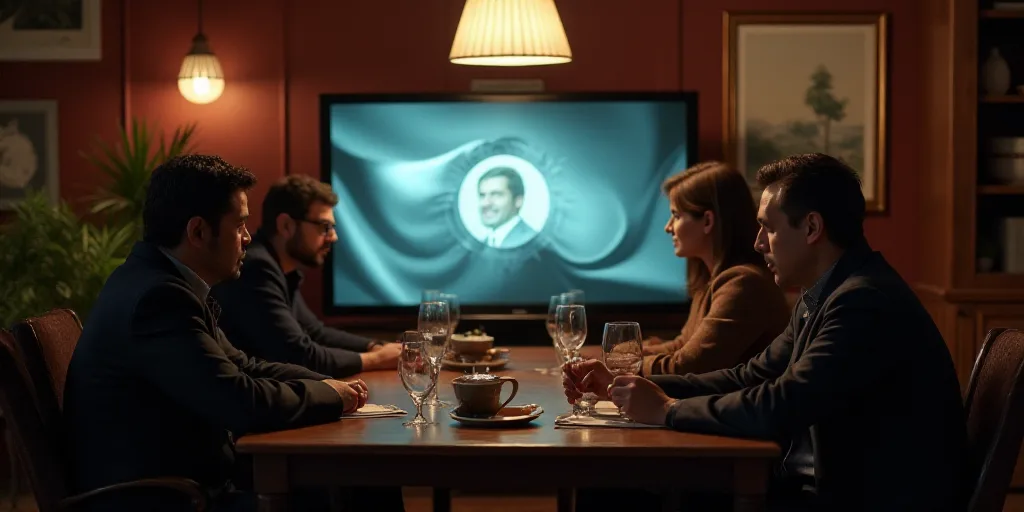 a group of people sitting at a table with a television in front of them and a screen in front of the