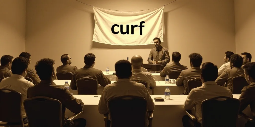 a group of people sitting at tables in a room with a banner behind them that says curf on it, Federi