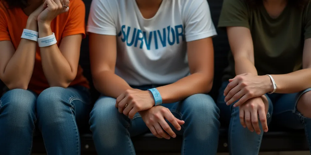 a group of people sitting down with wristbands on their wrists and a sign that says survivor, Eduard