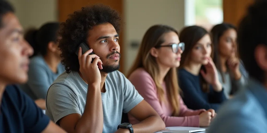 a group of people sitting in a classroom with one person holding a cell phone to their ear and the o