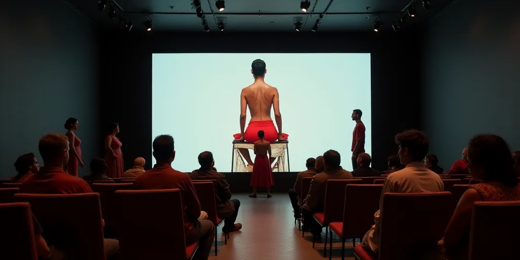 a group of people sitting in chairs in front of a screen with a woman on it and a man standing on th
